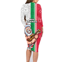 Hawaii Mele Kalikimaka Family Matching Long Sleeve Bodycon Dress and Hawaiian Shirt Santa Playing Ukele Mix Kakau Pattern Xmas Style LT03 - Polynesian Pride