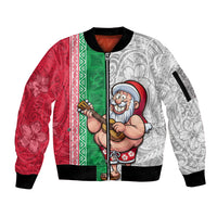 Hawaii Mele Kalikimaka Sleeve Zip Bomber Jacket Santa Playing Ukele Mix Kakau Pattern Xmas Style LT03 Unisex Red - Polynesian Pride