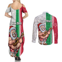 Custom Hawaii Mele Kalikimaka Couples Matching Summer Maxi Dress and Long Sleeve Button Shirt Santa Playing Ukele Mix Kakau Pattern Xmas Style LT03 - Polynesian Pride