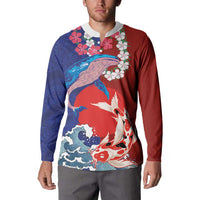 Hawaiian and Japanese Together Button Sweatshirt The Whale and Koi Fish with Hinomaru and Lei