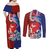 Hawaiian and Japanese Together Couples Matching Off Shoulder Maxi Dress and Long Sleeve Button Shirt The Whale and Koi Fish with Hinomaru and Lei