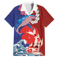 Hawaiian and Japanese Together Family Matching Off The Shoulder Long Sleeve Dress and Hawaiian Shirt The Whale and Koi Fish with Hinomaru and Lei