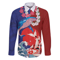 Hawaiian and Japanese Together Family Matching Off The Shoulder Long Sleeve Dress and Hawaiian Shirt The Whale and Koi Fish with Hinomaru and Lei