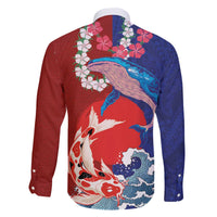 Hawaiian and Japanese Together Family Matching Off The Shoulder Long Sleeve Dress and Hawaiian Shirt The Whale and Koi Fish with Hinomaru and Lei