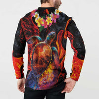 Hawaiian Turtle with Volcanic Eruption Button Sweatshirt Hibiscus Lei and Lava Flow an Abstract Texture