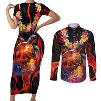 Hawaiian Turtle with Volcanic Eruption Couples Matching Short Sleeve Bodycon Dress and Long Sleeve Button Shirt Hibiscus Lei and Lava Flow an Abstract Texture LT03 Black - Polynesian Pride