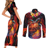 Hawaiian Turtle with Volcanic Eruption Couples Matching Short Sleeve Bodycon Dress and Long Sleeve Button Shirt Hibiscus Lei and Lava Flow an Abstract Texture LT03 - Polynesian Pride