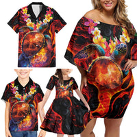 Hawaiian Turtle with Volcanic Eruption Family Matching Off Shoulder Short Dress and Hawaiian Shirt Hibiscus Lei and Lava Flow an Abstract Texture