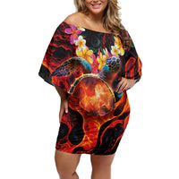 Hawaiian Turtle with Volcanic Eruption Family Matching Off Shoulder Short Dress and Hawaiian Shirt Hibiscus Lei and Lava Flow an Abstract Texture