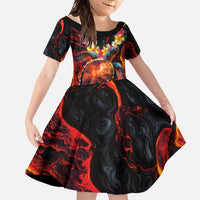 Hawaiian Turtle with Volcanic Eruption Family Matching Tank Maxi Dress and Hawaiian Shirt Hibiscus Lei and Lava Flow an Abstract Texture LT03 Daughter's Dress Black - Polynesian Pride