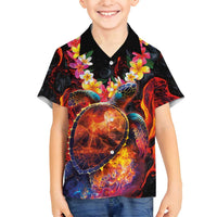 Hawaiian Turtle with Volcanic Eruption Family Matching Tank Maxi Dress and Hawaiian Shirt Hibiscus Lei and Lava Flow an Abstract Texture LT03 Son's Shirt Black - Polynesian Pride