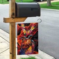 Hawaiian Turtle with Volcanic Eruption Garden Flag Hibiscus Lei and Lava Flow an Abstract Texture