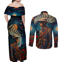 New Zealand Soldier ANZAC Day Couples Matching Off Shoulder Maxi Dress and Long Sleeve Button Shirt Silver Fern Starry Night Style LT03 - Polynesian Pride