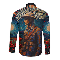New Zealand Soldier ANZAC Day Long Sleeve Button Shirt Silver Fern Starry Night Style LT03 - Polynesian Pride