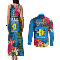 Palau Independence Day Couples Matching Tank Maxi Dress and Long Sleeve Button Shirt 1st October 30th Anniversary Polynesian Jungle Flower