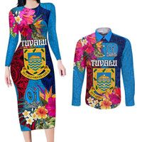 Tuvalu Independence Day Couples Matching Long Sleeve Bodycon Dress and Long Sleeve Button Shirt 1st October 46th Anniversary Polynesian Jungle Flower