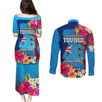 Tuvalu Independence Day Couples Matching Puletasi and Long Sleeve Button Shirt 1st October 46th Anniversary Polynesian Jungle Flower
