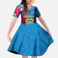 Personalised Tuvalu Independence Day Family Matching Long Sleeve Bodycon Dress and Hawaiian Shirt 1st October 46th Anniversary Polynesian Jungle Flower LT03 Daughter's Dress Blue - Polynesian Pride