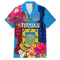 Personalised Tuvalu Independence Day Family Matching Long Sleeve Bodycon Dress and Hawaiian Shirt 1st October 46th Anniversary Polynesian Jungle Flower LT03 Dad's Shirt - Short Sleeve Blue - Polynesian Pride