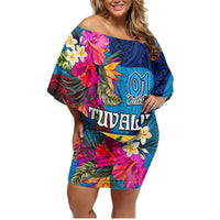 Personalised Tuvalu Independence Day Family Matching Off Shoulder Short Dress and Hawaiian Shirt 1st October 46th Anniversary Polynesian Jungle Flower