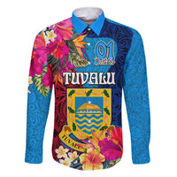 Personalised Tuvalu Independence Day Family Matching Short Sleeve Bodycon Dress and Hawaiian Shirt 1st October 46th Anniversary Polynesian Jungle Flower LT03 Dad's Shirt - Long Sleeve Blue - Polynesian Pride