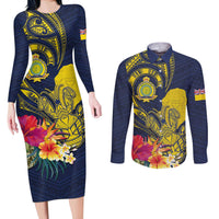 Niue Independence Day Couples Matching Long Sleeve Bodycon Dress and Long Sleeve Button Shirt Hiapo Pattern Hibiscus Plumeria and Uga