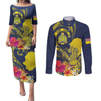 Niue Independence Day Couples Matching Puletasi and Long Sleeve Button Shirt Hiapo Pattern Hibiscus Plumeria and Uga