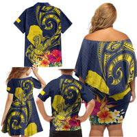 Niue Independence Day Family Matching Off Shoulder Short Dress and Hawaiian Shirt Hiapo Pattern Hibiscus Plumeria and Uga
