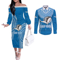 Custom Gulf Isou Rugby Couples Matching Off The Shoulder Long Sleeve Dress and Long Sleeve Button Shirts Papua New Guinea Polynesian Tattoo LT03 Blue - Polynesian Pride
