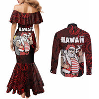 Hawaii Aloha Santa Claus Funny Polynesian Tattoo Couples Matching Mermaid Dress and Long Sleeve Button Shirt Red Color