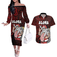Hawaii Aloha Santa Claus Funny Polynesian Tattoo Couples Matching Off The Shoulder Long Sleeve Dress and Hawaiian Shirt Red Color LT03 Red - Polynesian Pride