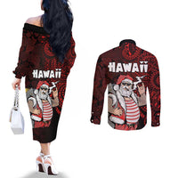 Hawaii Aloha Santa Claus Funny Polynesian Tattoo Couples Matching Off The Shoulder Long Sleeve Dress and Long Sleeve Button Shirt Red Color
