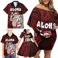 Hawaii Aloha Santa Claus Funny Polynesian Tattoo Family Matching Off Shoulder Short Dress and Hawaiian Shirt Red Color LT03 - Polynesian Pride