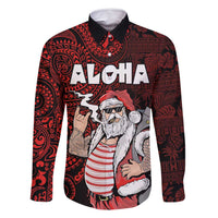 Hawaii Aloha Santa Claus Funny Polynesian Tattoo Family Matching Summer Maxi Dress and Hawaiian Shirt Red Color LT03 Dad's Shirt - Long Sleeve Red - Polynesian Pride