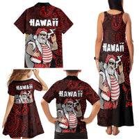 Hawaii Aloha Santa Claus Funny Polynesian Tattoo Family Matching Tank Maxi Dress and Hawaiian Shirt Red Color