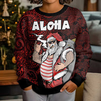 Hawaii Aloha Santa Claus Funny Polynesian Tattoo Kid Ugly Christmas Sweater Red Color