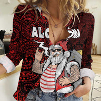 Hawaii Aloha Santa Claus Funny Polynesian Tattoo Women Casual Shirt Red Color
