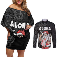 Hawaii Aloha Santa Claus Funny Polynesian Tattoo Couples Matching Off Shoulder Short Dress and Long Sleeve Button Shirt Black Color