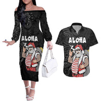 Hawaii Aloha Santa Claus Funny Polynesian Tattoo Couples Matching Off The Shoulder Long Sleeve Dress and Hawaiian Shirt Black Color