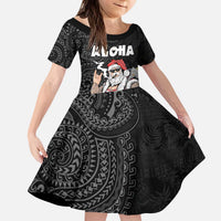 Hawaii Aloha Santa Claus Funny Polynesian Tattoo Family Matching Puletasi and Hawaiian Shirt Black Color LT03 Daughter's Dress Black - Polynesian Pride