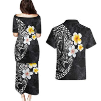 Hawaiian Hibiscus and Plumeria Polynesian Tribal Tattoo Couples Matching Puletasi and Hawaiian Shirt Black Color LT03 - Polynesian Pride