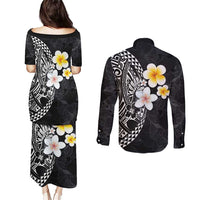 Hawaiian Hibiscus and Plumeria Polynesian Tribal Tattoo Couples Matching Puletasi and Long Sleeve Button Shirt Black Color LT03 - Polynesian Pride