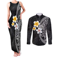 Hawaiian Hibiscus and Plumeria Polynesian Tribal Tattoo Couples Matching Tank Maxi Dress and Long Sleeve Button Shirt Black Color