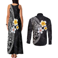 Hawaiian Hibiscus and Plumeria Polynesian Tribal Tattoo Couples Matching Tank Maxi Dress and Long Sleeve Button Shirt Black Color