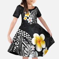 Hawaiian Hibiscus and Plumeria Polynesian Tribal Tattoo Family Matching Puletasi and Hawaiian Shirt Black Color LT03 Daughter's Dress Black - Polynesian Pride