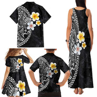 Hawaiian Hibiscus and Plumeria Polynesian Tribal Tattoo Family Matching Tank Maxi Dress and Hawaiian Shirt Black Color