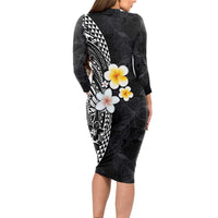 Hawaiian Hibiscus and Plumeria Polynesian Tribal Tattoo Long Sleeve Bodycon Dress Black Color LT03 - Polynesian Pride