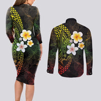 Hawaiian Hibiscus and Plumeria Polynesian Tribal Tattoo Couples Matching Long Sleeve Bodycon Dress and Long Sleeve Button Shirt Reggae Color