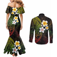 Hawaiian Hibiscus and Plumeria Polynesian Tribal Tattoo Couples Matching Mermaid Dress and Long Sleeve Button Shirt Reggae Color