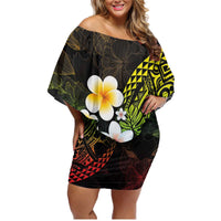 Hawaiian Hibiscus and Plumeria Polynesian Tribal Tattoo Family Matching Off Shoulder Short Dress and Hawaiian Shirt Reggae Color
